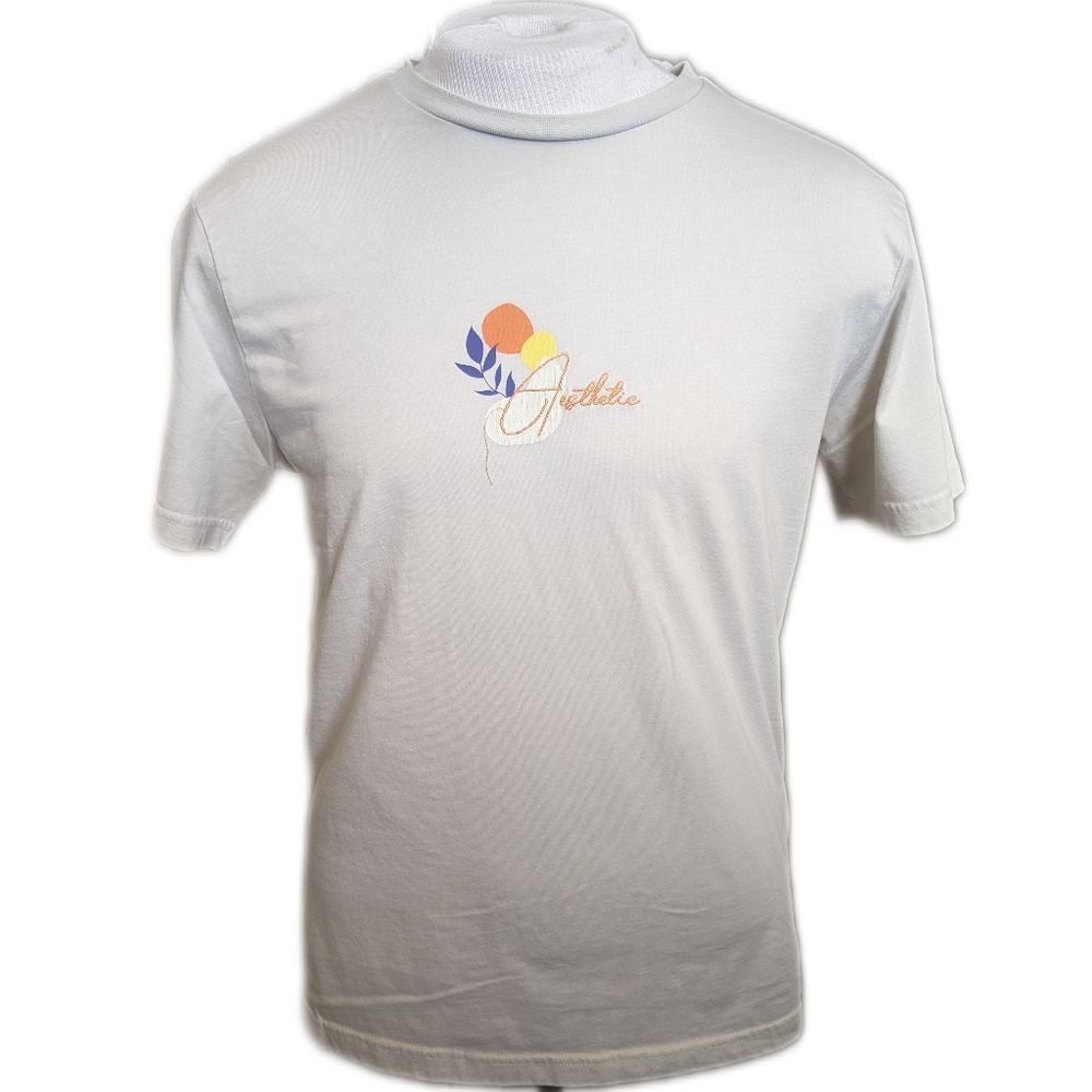 Denim & Flowers cream tee t-shirt "Aesthetic" logo navy blue orange yellow L